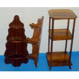 TWO WOODEN CORNER SHELF UNITS AND ROSEWOOD THREE TIER STAND (H: 72.5 cm)