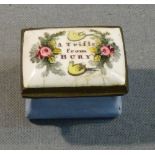 ENGLISH ENAMELLED SNUFF BOX INSCRIBED "A TRIFLE FROM BURY", CIRCA 1790 (W: 3.5 cm)