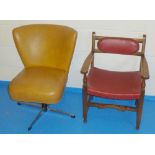 LOW BEACH FIRESIDE CHAIR WITH RED VINYL UPHOLSTERY (69 cm x 52 cm x 49 cm) AND A 1970'S LIGHT TAN