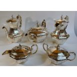 EDWARDIAN SILVER PLATED FIVE PIECE OCTAGONAL TEASET WITH ENGRAVED FLORAL SWAGS BY JAMES DIXON &