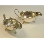 SILVER GEORGIAN STYLE SAUCEBOAT WITH A WAVY RIM ON THREE CABRIOLE LEGS BY A.S, BIRMINGHAM 1933, L: