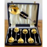 SILVER PLATED SEVEN PIECE FRUIT SET WITH GILT BOWLS, CASED