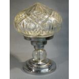 ART DECO CHROME TABLE LAMP WITH SPHERICAL GLASS COLUMN AND CUT GLASS SHADE ON A STEPPED CIRCULAR