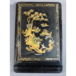 BLACK METAL NOTEBOOK HOLDER AND PEN REST WITH ORIENTAL DESIGN ON THE FRONT PANEL (19.5 cm x 13 cm)