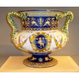 ITALIAN MAJOLICA POTTERY VASE WITH INTERWOVEN SNAKE HANDLES (H: 30 cm W: 38 cm DIA: 25 cm)