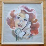 FRAMED PRINT OF A YOUNG WOMAN TALKING ON THE TELEPHONE (58.5 cm x 56.5 cm)