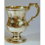 VICTORIAN SILVER CHILD'S MUG WITH LEAF DECORATION, ON A CIRCULAR FOOT, BY HILLIARD & THOMASON,