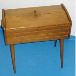 VINTAGE BEECH SEWING BOX WITH DOUBLE HINGED RISING TOP WITH CONTENTS (45.5 cm x 48.5 cm x 27 cm)