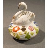 VICTORIAN STAFFORDSHIRE PORCELAIN SWAN QUILL HOLDER PAINTED WITH FLORAL DECORATION, CIRCA 1840 (H: