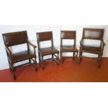 FOUR CHARLES II STYLE OAK DINING CHAIRS (INCLUDING TWO WITH ARMS) WITH LEATHER UPHOLSTERY (H: 89