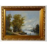 LANDSCAPE WITH BOATMAN AND CHURCH IN BACKGROUND, SIGNED, OIL ON BOARD (29.5 cm x 39 cm) AND