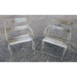 PAIR OF VICTORIAN/EDWARDIAN WROUGHT IRON GARDEN CHAIRS WITH WOODEN SLATTED SEATS