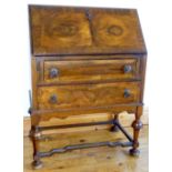 GEORGE V WALNUT BUREAU WITH TWO DRAWERS ON INVERTED CUP LEGS AND STRETCHERS (104 cm x 75.5 cm x