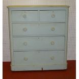 VICTORIAN PAINTED LIGHT GREEN CHEST WITH TWO SHORT AND THREE GRADUATED LONG DRAWERS ON A PLINTH BASE