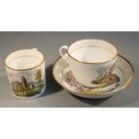 COFFEE CAN, TEA CUP AND SAUCER PRINTED AND PAINTED WITH A LANDSCAPE, CIRCA 1830, (SAUCER DIA: 14 cm)