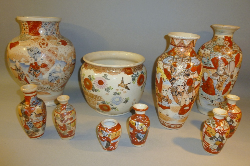 NINE JAPANESE SATSUMA BALUSTER VASES AND A SIMILAR CACHE POT [10]