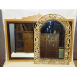 ART DECO STYLE WALL MIRROR WITH WOOD VENEERED SURROUND TOGETHER WITH AN ARCH SHAPED MIRROR IN A GILT