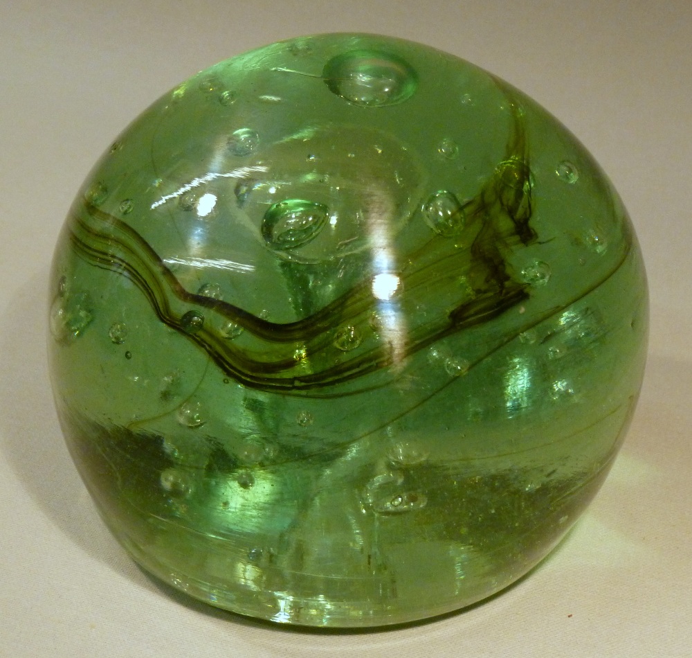 THREE VICTORIAN GREEN GLASS DUMPS TWO OF OVOID FORM WITH BUBBLES/INCLUSIONS AND A SPHERICAL DUMP - Image 10 of 11