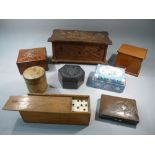 ART NOUVEAU OAK CASKET WITH ONLAID DECORATION (11.5 cm x 26 cm x 13.7 cm) AND SEVEN BOXES [8]
