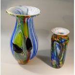 TWO HAND-BLOWN STUDIO ART GLASS VASES BOTH MULTI COLOURED WITH SWIRLING PATTERN (TALLEST: 33.5 cm,