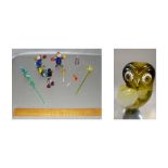 COLLECTION OF NINE SMALL PIECES OF MURANO GLASS INCLUDING CLOWNS, BIRDS AND A QUILL PEN TOGETHER