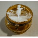 MARY GREGORY ENAMELLED YELLOW TINTED GLASS POT WITH BRASS HINGED LID (DIA: 5.5 cm)