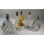 PAIR OF GLASS SQUARE STEM LAMPS, PAIR OF SPIRAL GLASS LAMP BASES AND ANOTHER LAMP BASE [5]