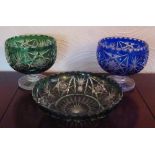 BOHEMIAN GLASS CIRCULAR PEDESTAL BOWL WITH BLUE FLASH AND CUT FLORAL DECORATION (DIA: 20 cm),