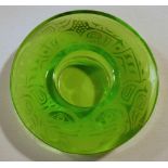 ETCHED GREEN GLASS BOWL/CANDLE HOLDER WITH FROG DESIGN BY WADE STEPHEN BAKER, A PACIFIC WEST COAST
