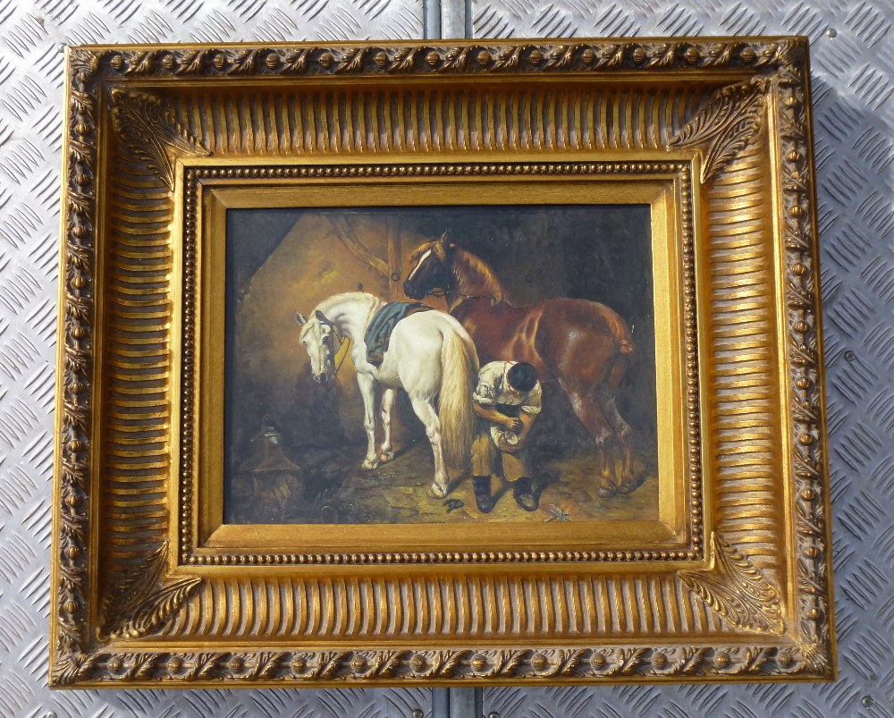 A PAIR OF DECORATIVE GILT FRAMED PRINTS OF HORSES (FRAME SIZE: 57 cm x 67 cm)