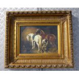 A PAIR OF DECORATIVE GILT FRAMED PRINTS OF HORSES (FRAME SIZE: 57 cm x 67 cm)