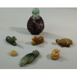 GLASS CAMEO SCENT BOTTLE WITH FIGURES AND BLOSSOM IN RELIEF TOGETHER WITH A GROUP OF JADE AND