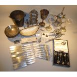 SILVER PLATED OYSTER DISH AND OTHER PLATED ITEMS. ALSO A DESK CALENDAR, DESK ORNAMENT OF A CANON