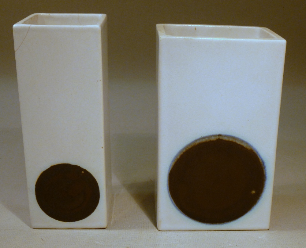 TWO TROIKA POTTERY WHITE VASES ONE DECORATED BY ANN LEWIS WITH GLAZED CIRCULAR MOTIFS, THE BASE WITH - Image 3 of 6