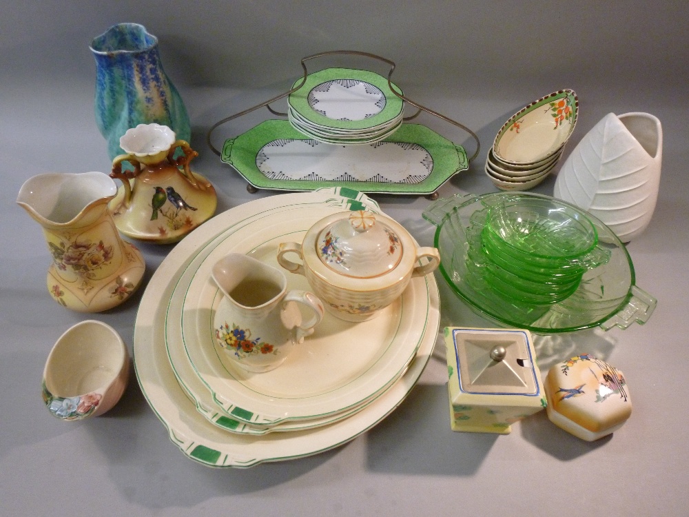 SOLIAN WARE CAKE STAND AND SIX PLATES, 2 PIECES OF TITIAN WARE, SEVEN ART DECO GLASS BOWLS, CROWN