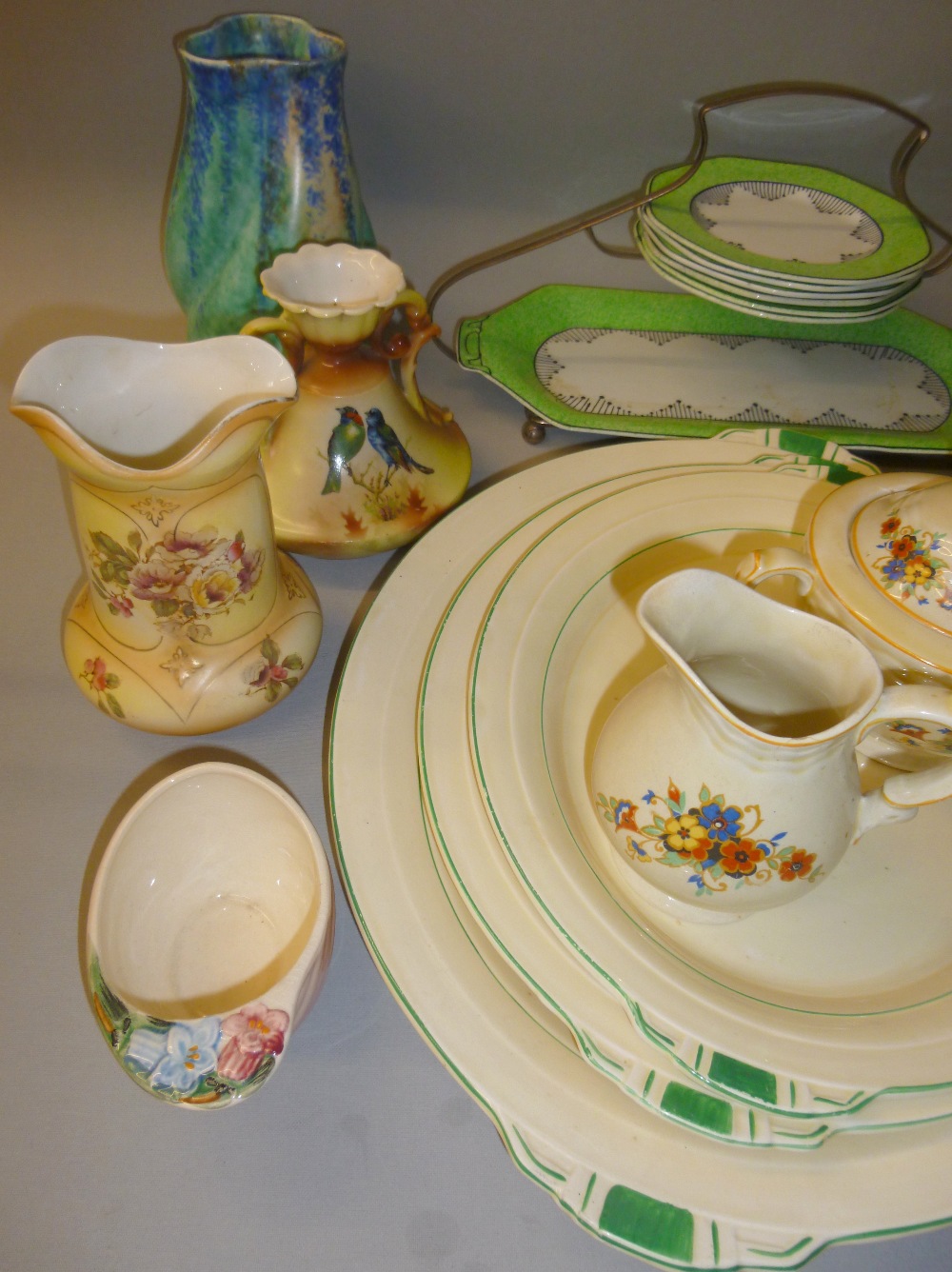 SOLIAN WARE CAKE STAND AND SIX PLATES, 2 PIECES OF TITIAN WARE, SEVEN ART DECO GLASS BOWLS, CROWN - Image 2 of 4