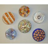 SIX GLASS PAPERWEIGHTS INCLUDING A CLICHY STYLE SWIRL WEIGHT, A WHITEFRIARS WEIGHT WITH PRINTY'S AND