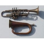 SILVER PLATED TRUMPET AND A COPPER AND BRASS BUGLE