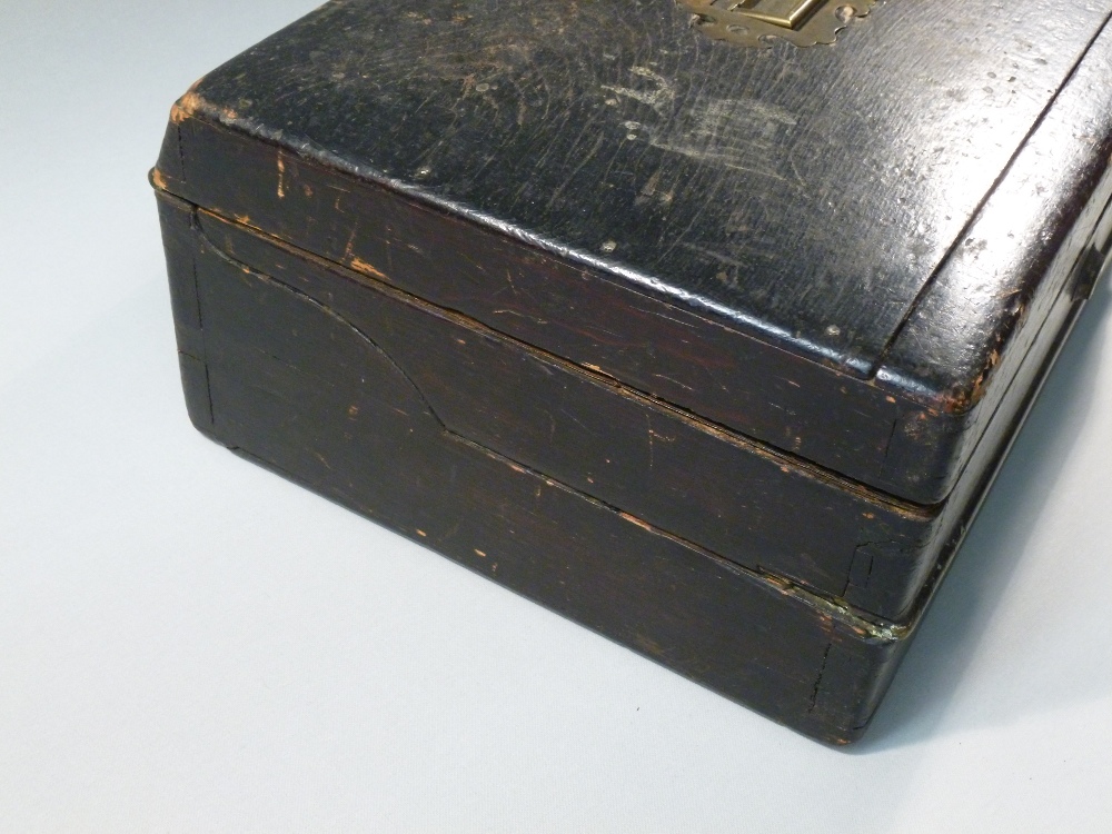 VICTORIAN BLACK PAINTED OAK STATIONERY BOX BY WELLS & LAMBE 29 COCKSPUR ST. LOCK MARKED S.MORDAN & - Image 2 of 10