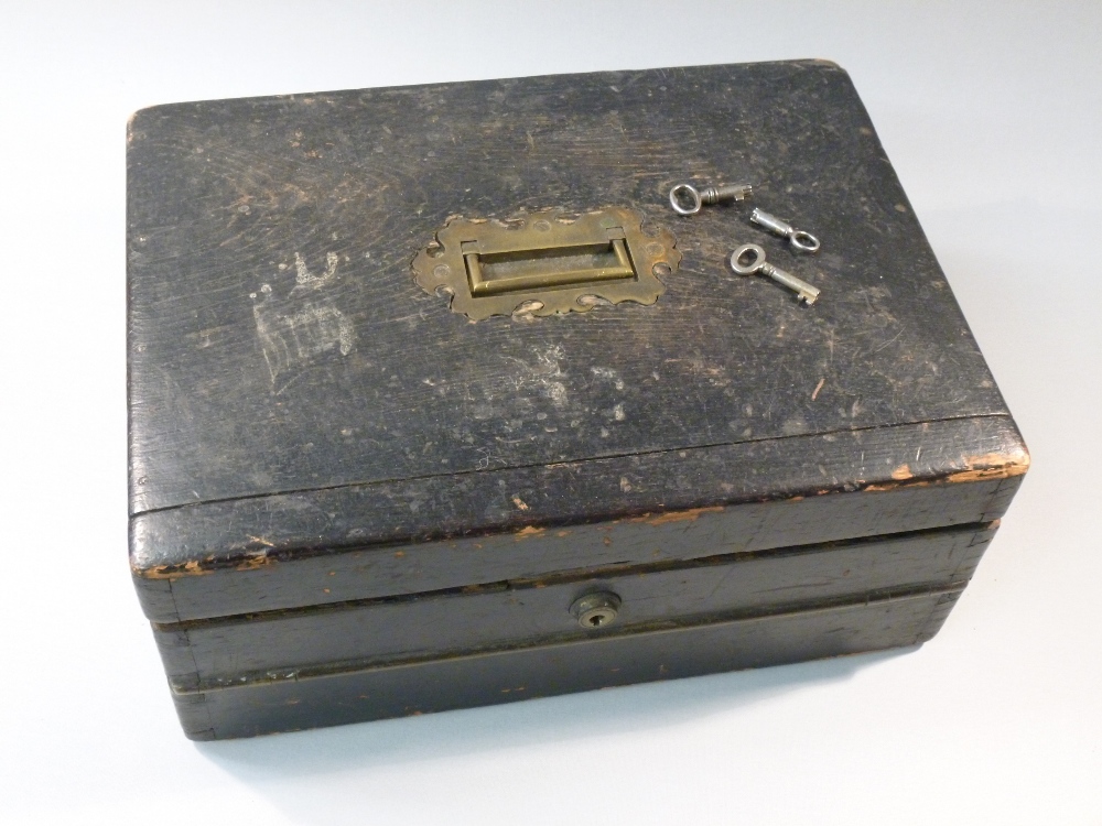 VICTORIAN BLACK PAINTED OAK STATIONERY BOX BY WELLS & LAMBE 29 COCKSPUR ST. LOCK MARKED S.MORDAN &