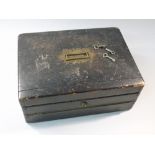 VICTORIAN BLACK PAINTED OAK STATIONERY BOX BY WELLS & LAMBE 29 COCKSPUR ST. LOCK MARKED S.MORDAN &