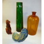 FOUR PIECES OF COLOURED GLASS INC. MDINA WAVE PATTERN SCULPTURE (H: 22 cm), MURANO POODLE (H: 25