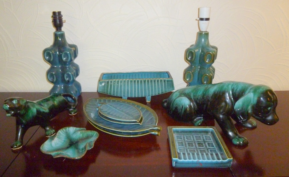 FOUR SURREY CERAMIC LEAF SHAPED DISHES, TWO TABLELAMPS AND FIVE OTHER ITEMS [11]