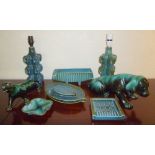 FOUR SURREY CERAMIC LEAF SHAPED DISHES, TWO TABLELAMPS AND FIVE OTHER ITEMS [11]