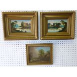 THREE GILT FRAMED PAINTINGS COMPRISING A PAIR OF OIL PAINTINGS OF FISHERMEN BY THE RIVER, ONE