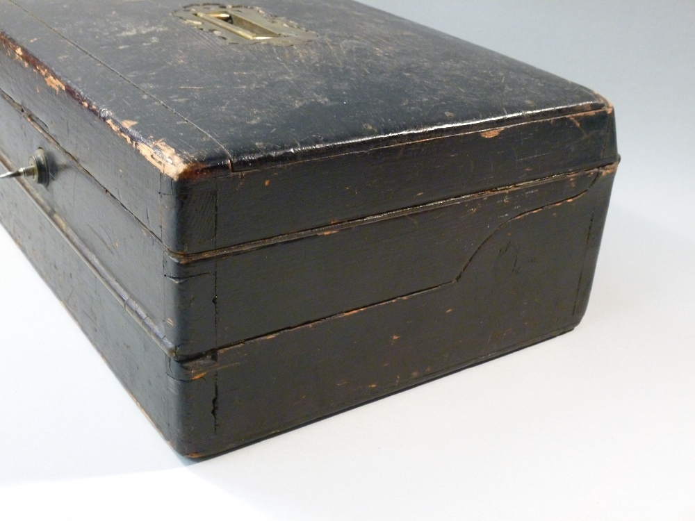 VICTORIAN BLACK PAINTED OAK STATIONERY BOX BY WELLS & LAMBE 29 COCKSPUR ST. LOCK MARKED S.MORDAN & - Image 4 of 10