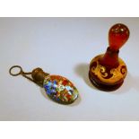 OVAL GLASS SCENT BOTTLE WITH GLASS CANE FACES AND CHATELAINE'S CHAIN AND A SMALL RUBY FLASH GLASS