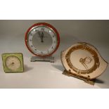 THREE 1920's/30's CLOCKS INCLUDING ONE BY PLEASANCE & HARPER LTD OF BRISTOL WITH CHROME AND RED