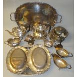SILVER PLATED SEMI-FLUTED FOUR PIECE TEASET, TWO TRAYS, PAIR OF ENTRÉE DISHES AND OTHER ITEMS [20]