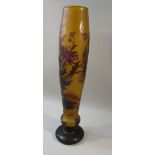 TALL GALLÉ STYLE CHRYSANTHEMUM CAMEO VASE WITH RUBY AND DEEP RED GLASS ON A BUTTERSCOTCH/AMBER